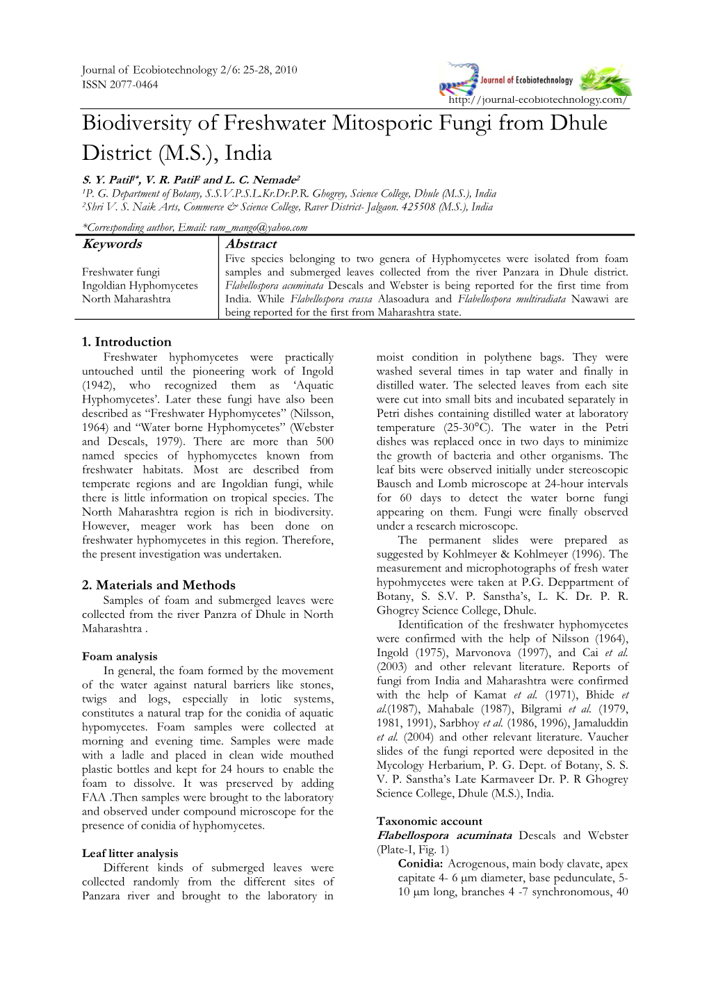 Biodiversity of Freshwater Mitosporic Fungi from Dhule District (M.S.), India S