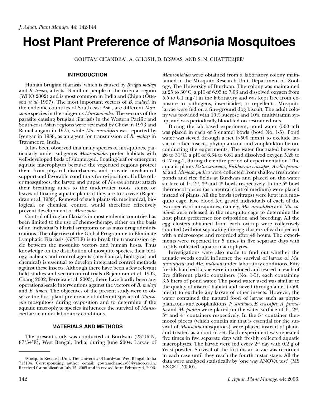 Host Plant Preference of Mansonia Mosquitoes