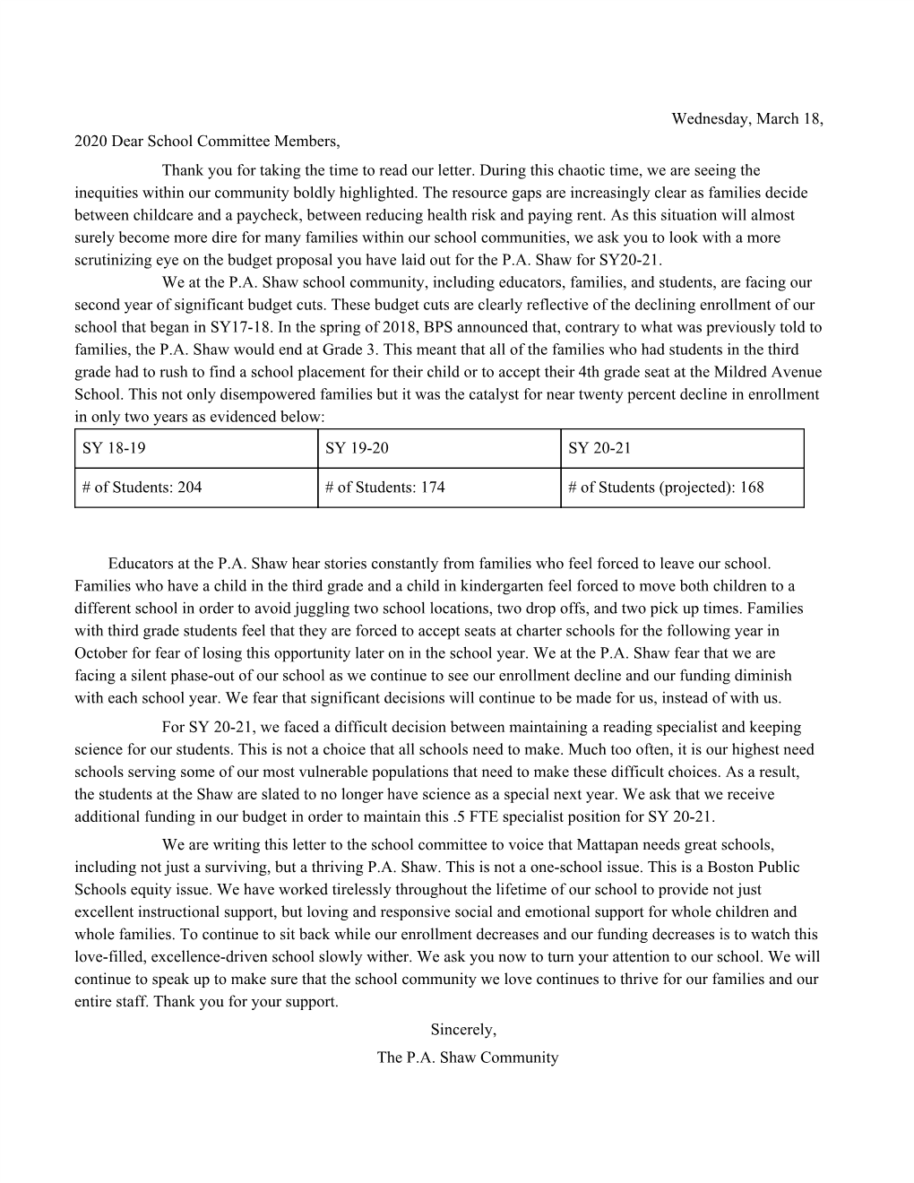 Wednesday, March 18, 2020 Dear School Committee Members, Thank You for Taking the Time to Read Our Letter