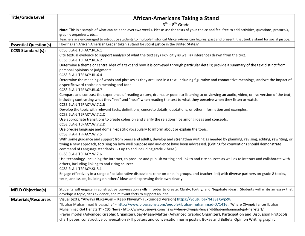 African-Americans Taking a Stand 6Th – 8Th Grade Note: This Is a Sample of What Can Be Done Over Two Weeks