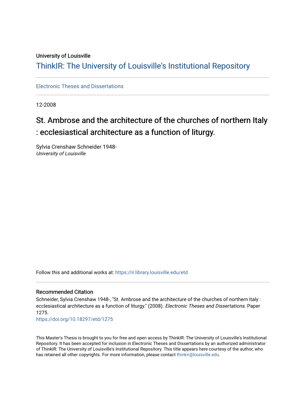 St. Ambrose and the Architecture of the Churches of Northern Italy : Ecclesiastical Architecture As a Function of Liturgy