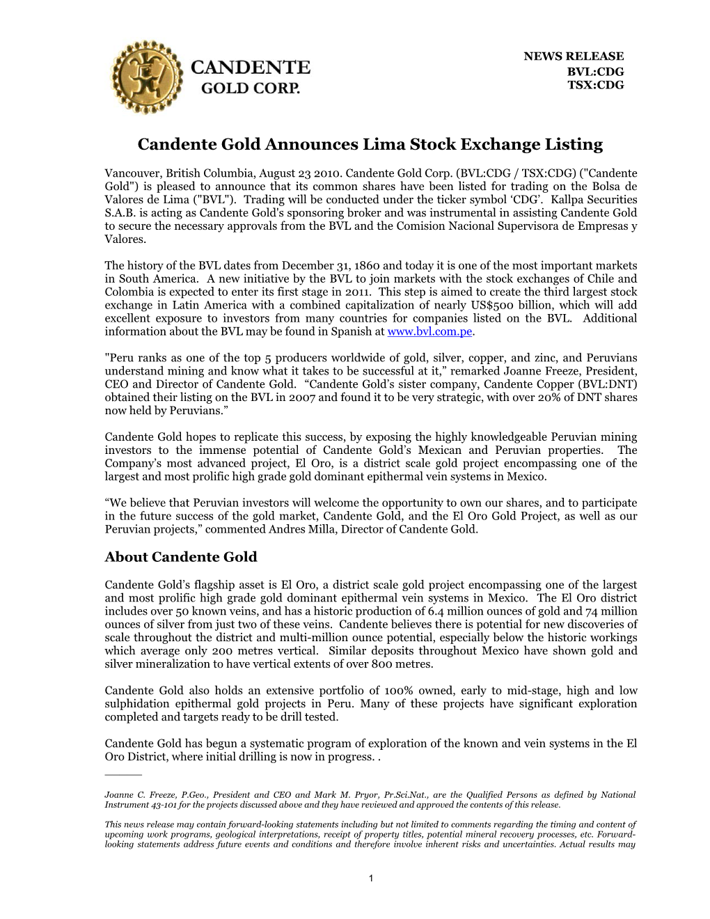 Candente Gold Announces Lima Stock Exchange Listing