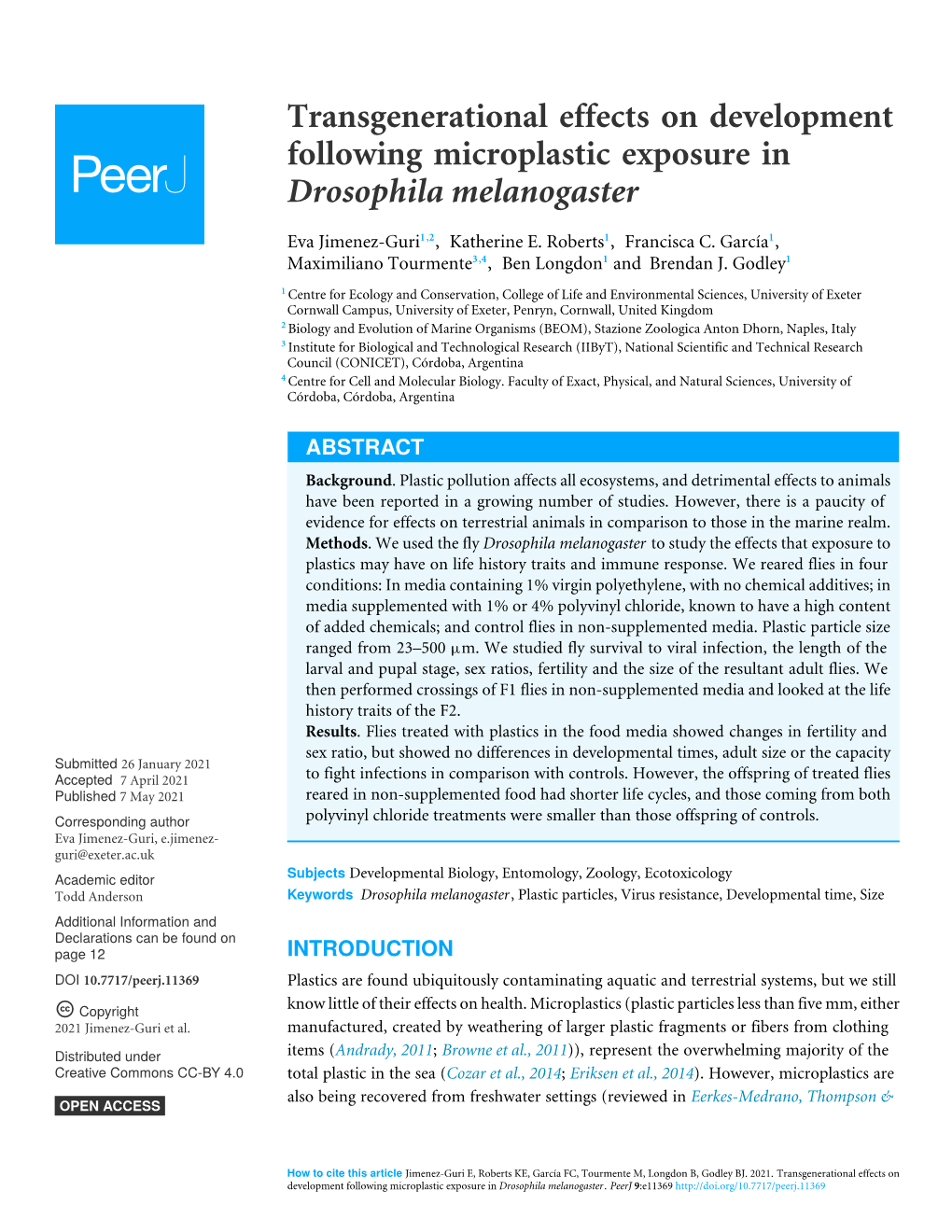 Transgenerational Effects on Development Following Microplastic Exposure in Drosophila Melanogaster