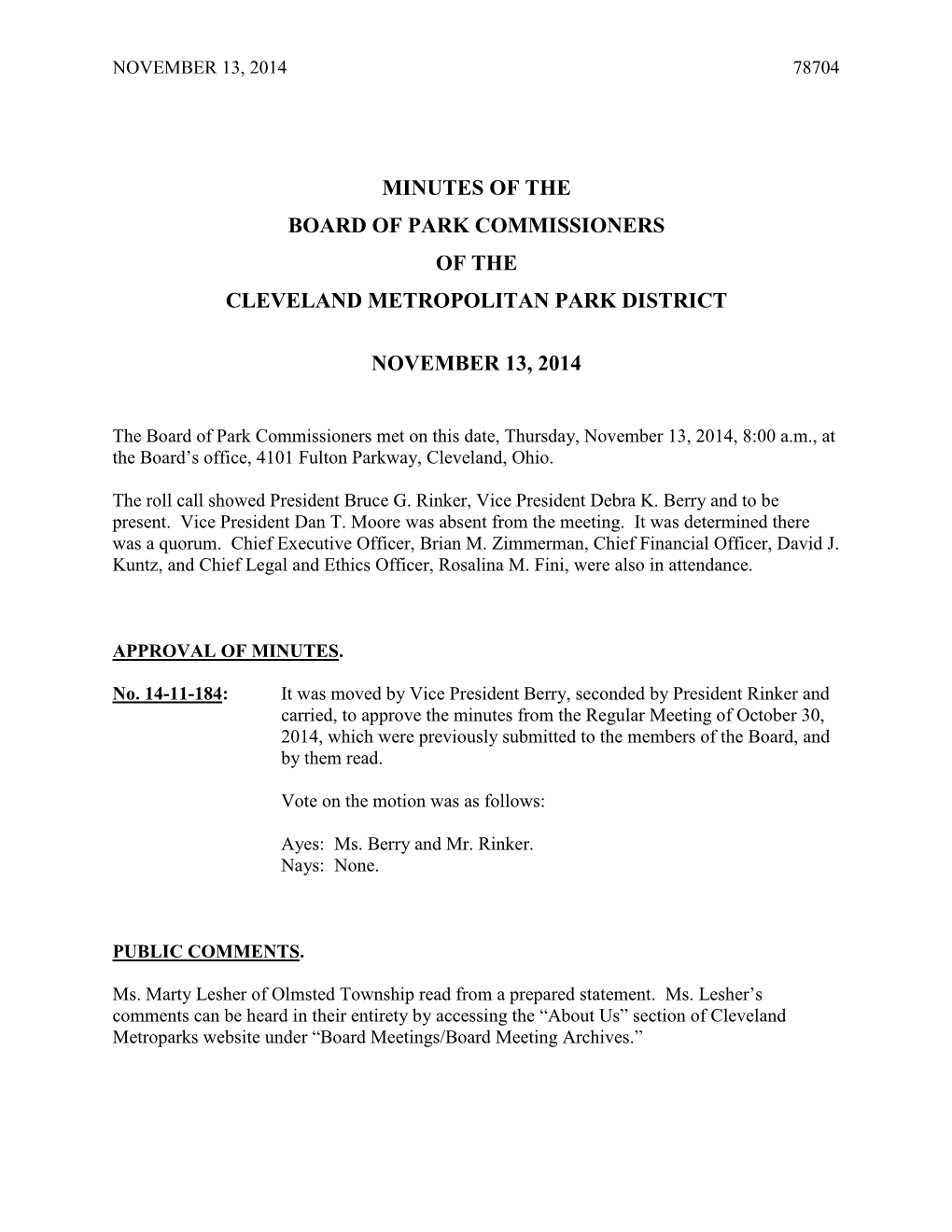 Minutes of the Board of Park Commissioners of the Cleveland Metropolitan Park District