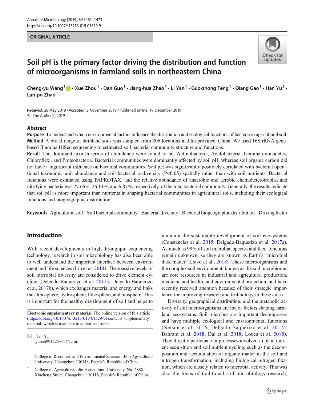 Soil Ph Is the Primary Factor Driving the Distribution and Function of Microorganisms in Farmland Soils in Northeastern China