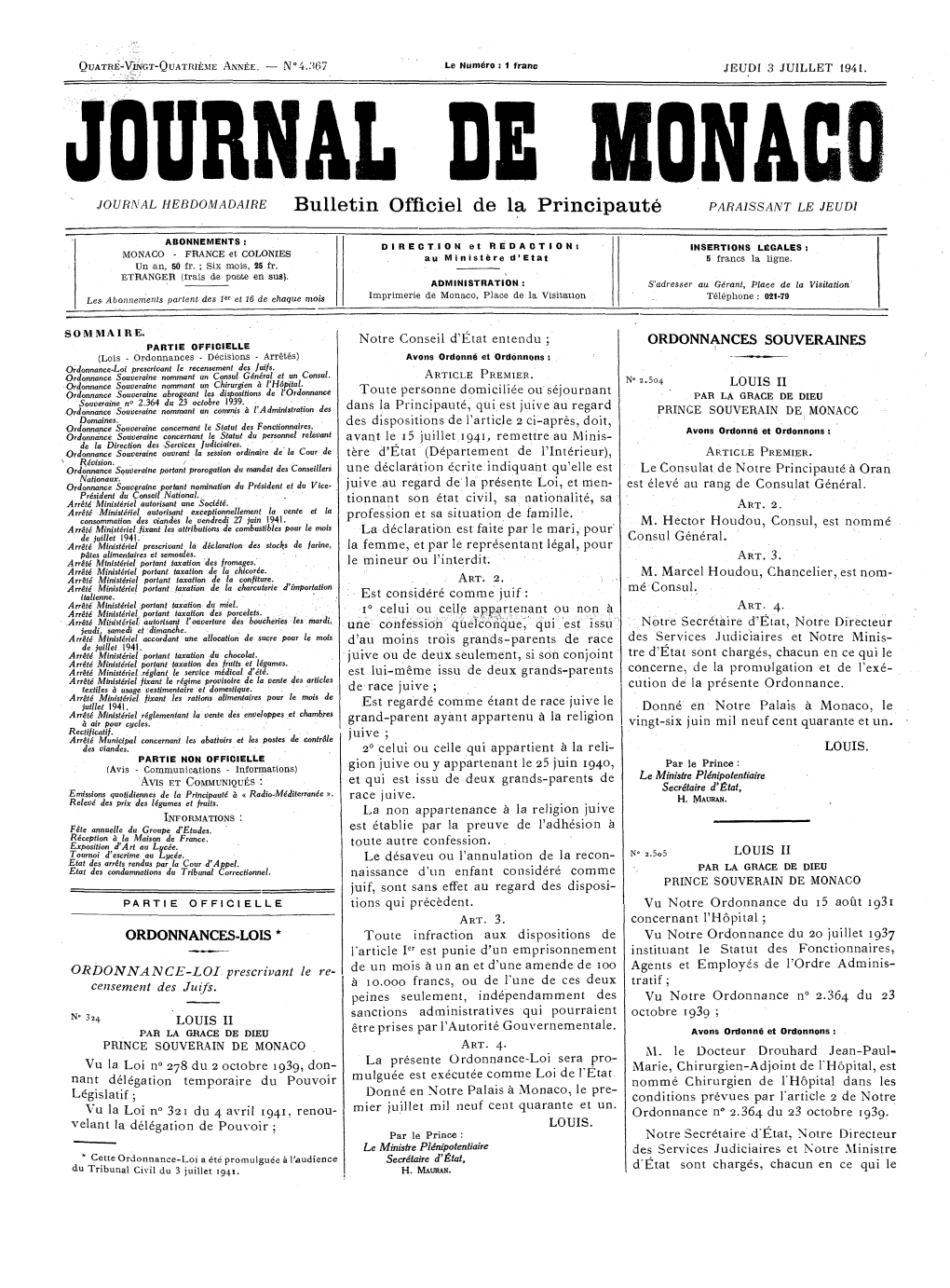Bulletin Officiel De La Principauté PARAISSANT LE JEUDI