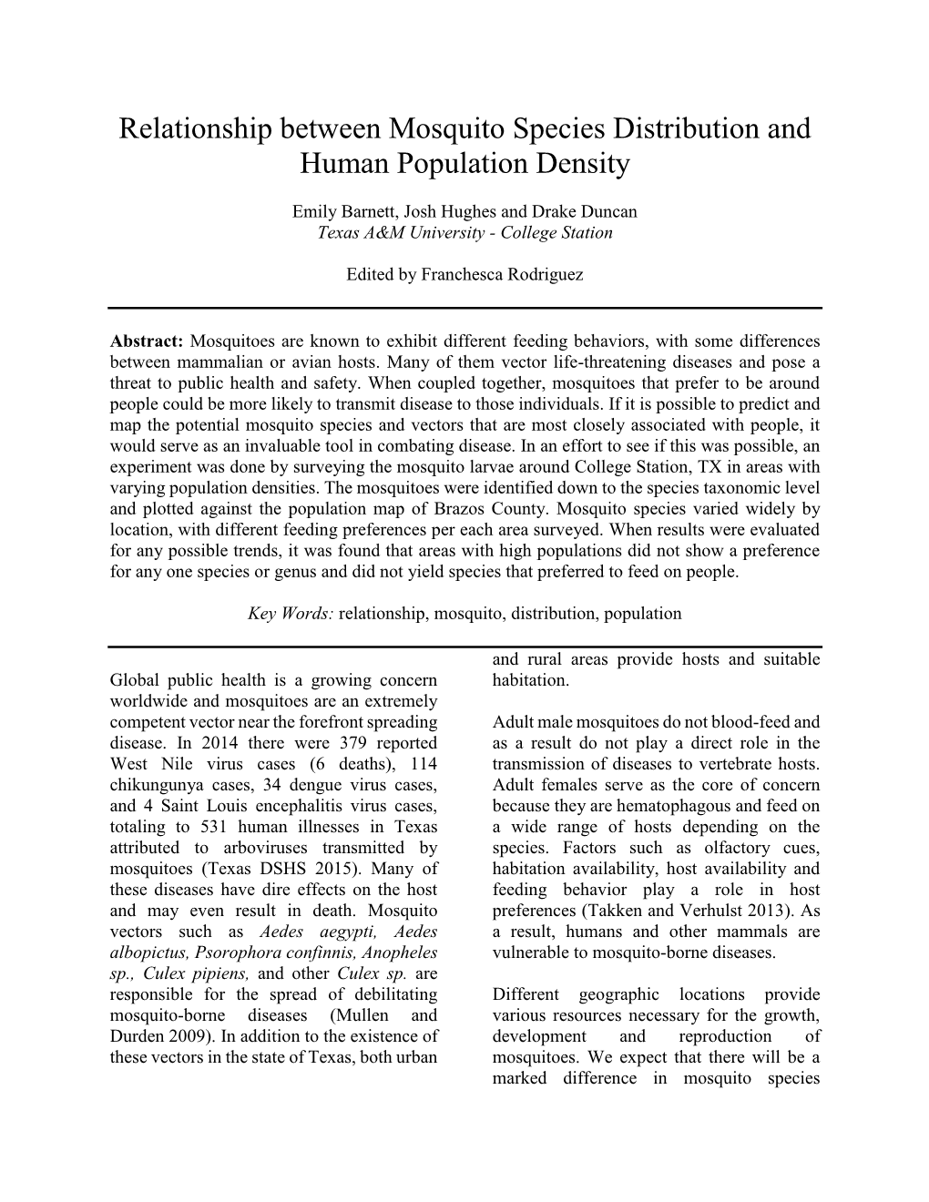 Relationship Between Mosquito Species Distribution and Human Population Density