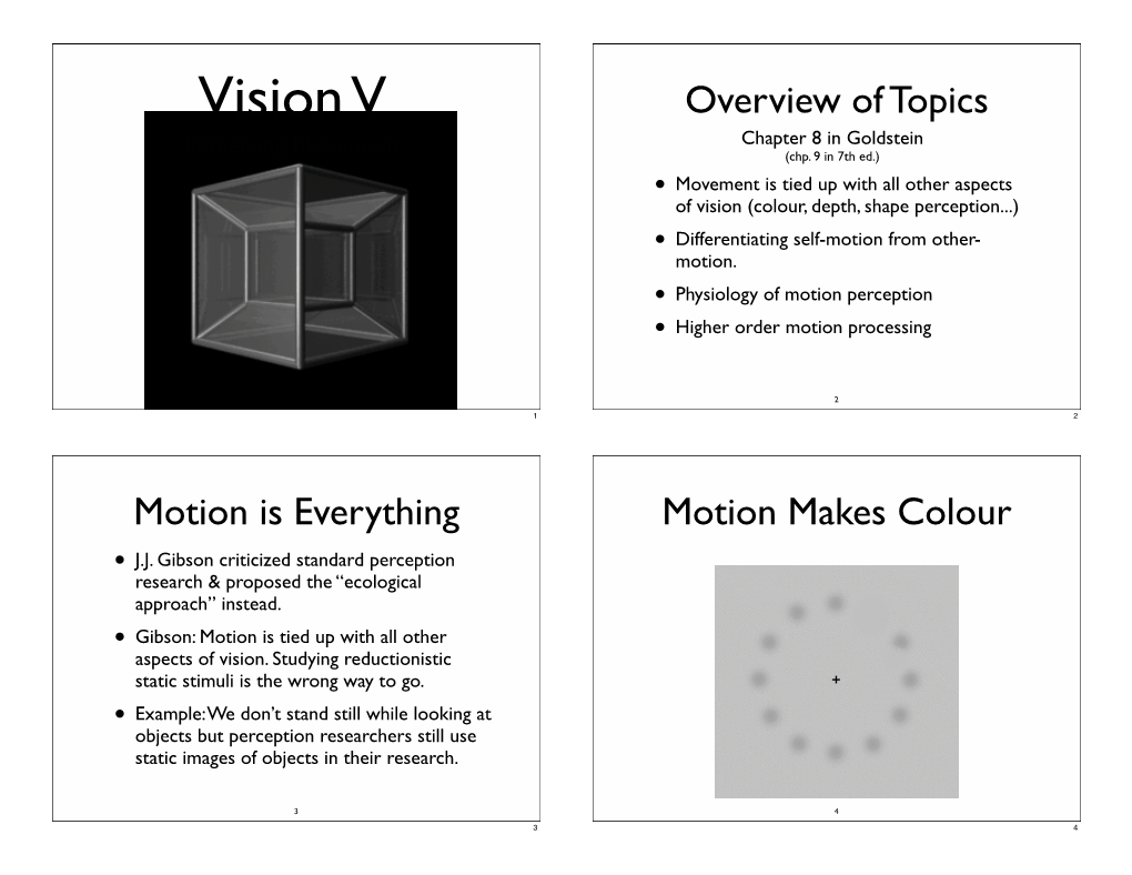 Vision V Overview of Topics Chapter 8 in Goldstein Perceiving Movement (Chp