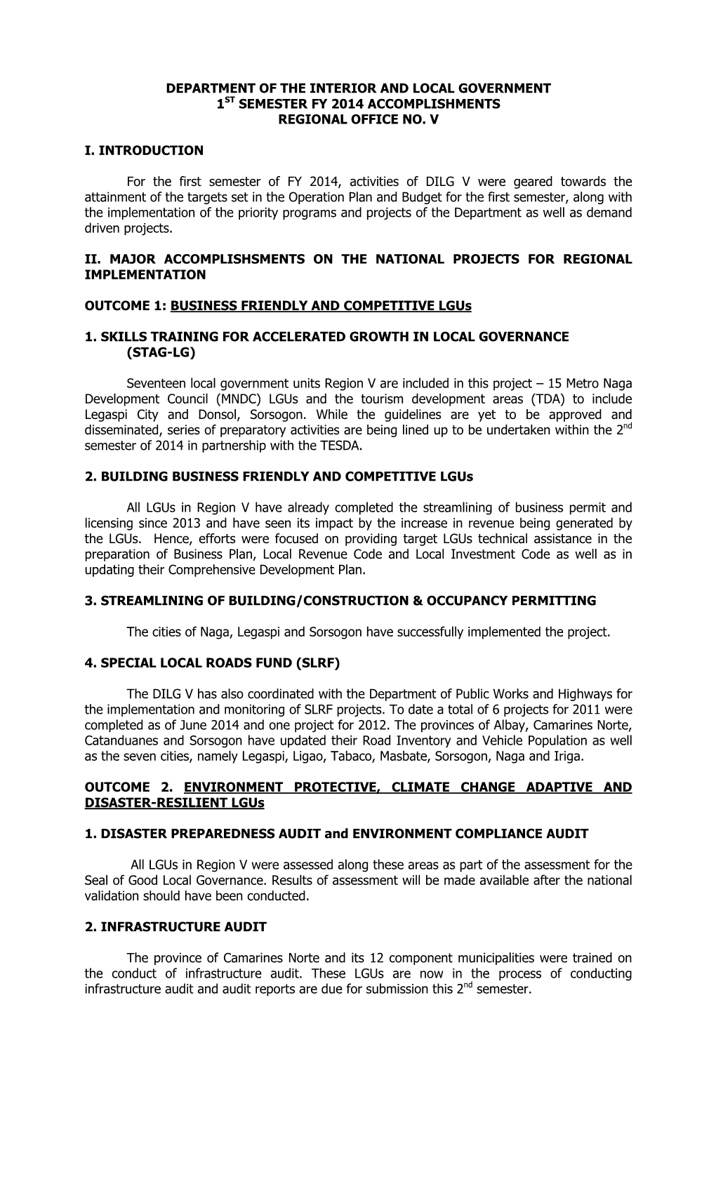 Department of the Interior and Local Government 1St Semester Fy 2014 Accomplishments Regional Office No