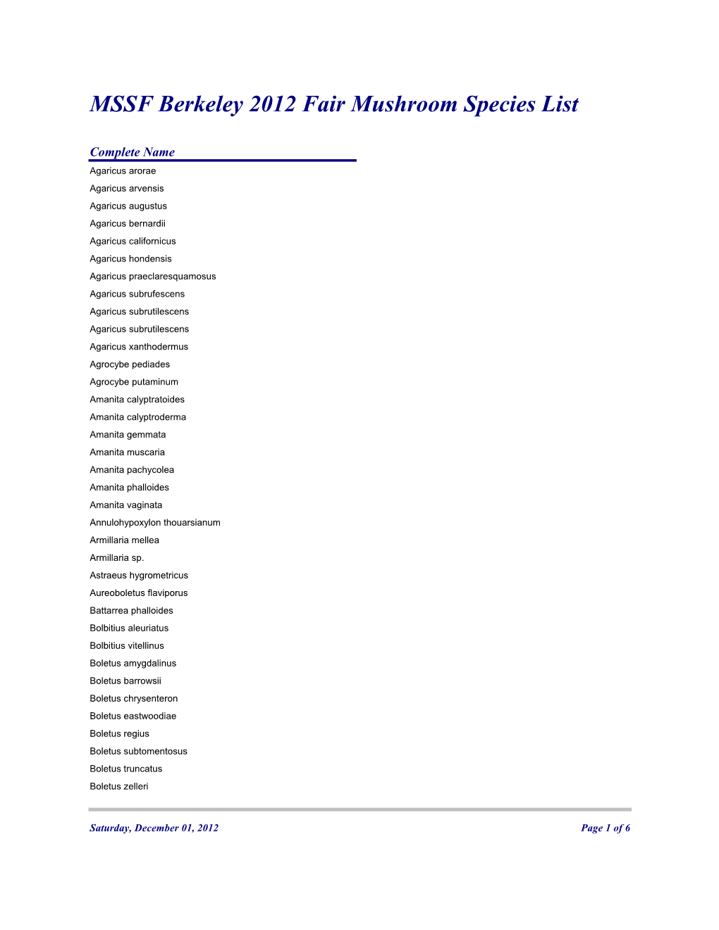 MSSF Berkeley 2012 Fair Mushroom Species List