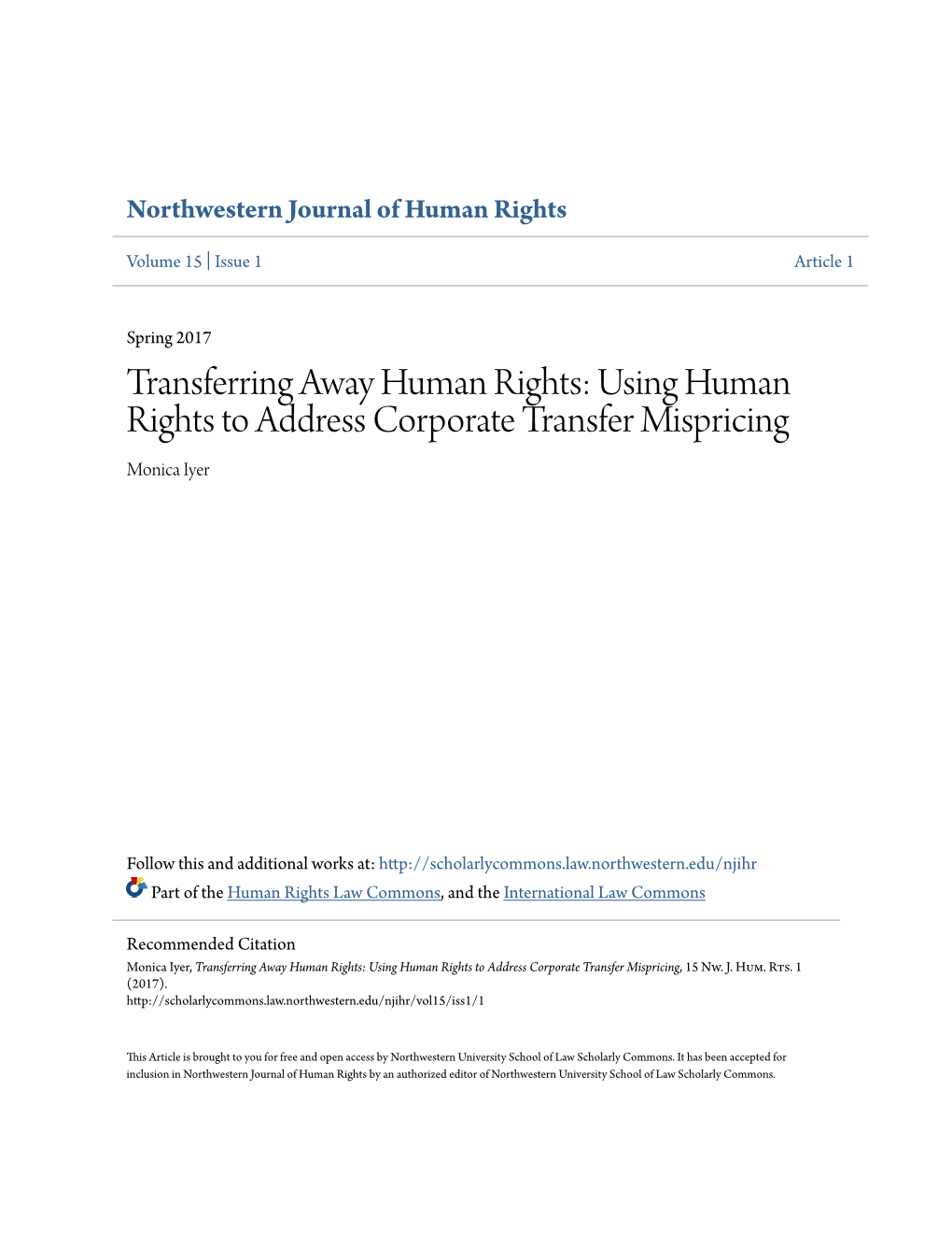 Using Human Rights to Address Corporate Transfer Mispricing Monica Iyer