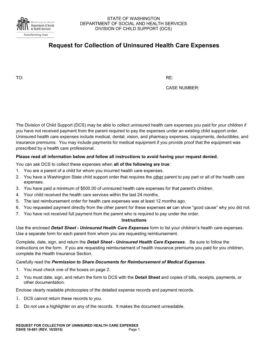 Request for Collection of Uninsured Health Care Expenses