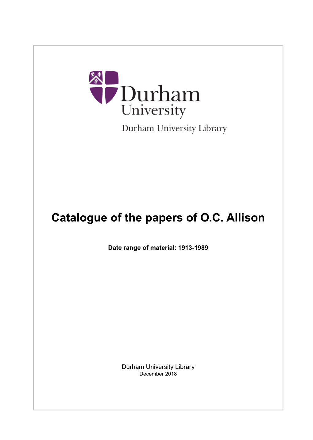 Catalogue of the Papers of O.C. Allison