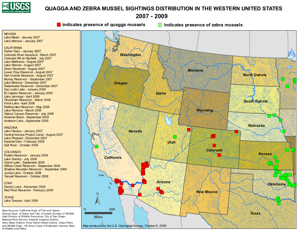 QUAGGA and ZEBRA MUSSEL SIGHTINGS DISTRIBUTION in the WESTERN UNITED STATES 2007 - 2009 