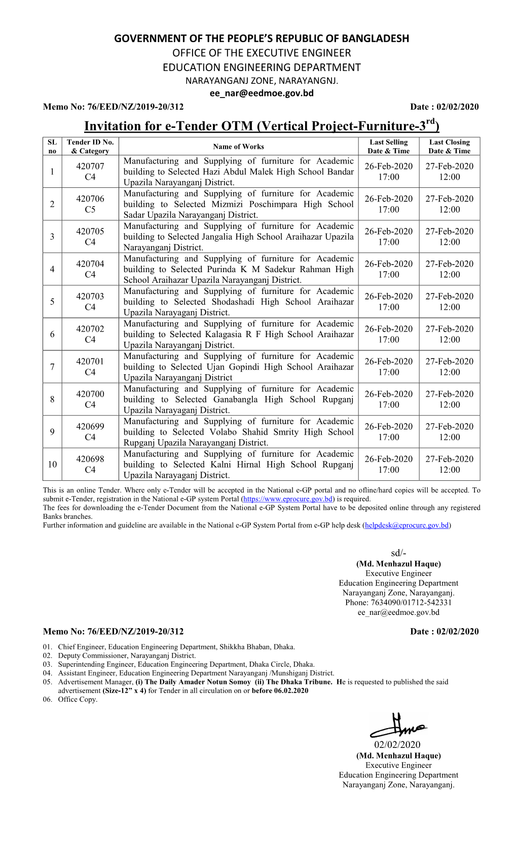 Invitation for E-Tender OTM (Vertical Project-Furniture-3 )