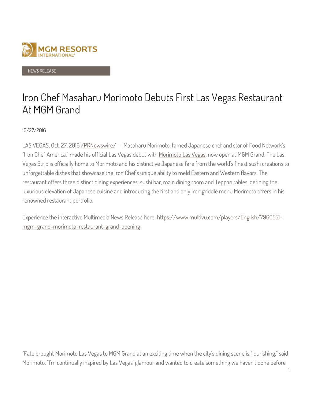 Iron Chef Masaharu Morimoto Debuts First Las Vegas Restaurant at MGM Grand