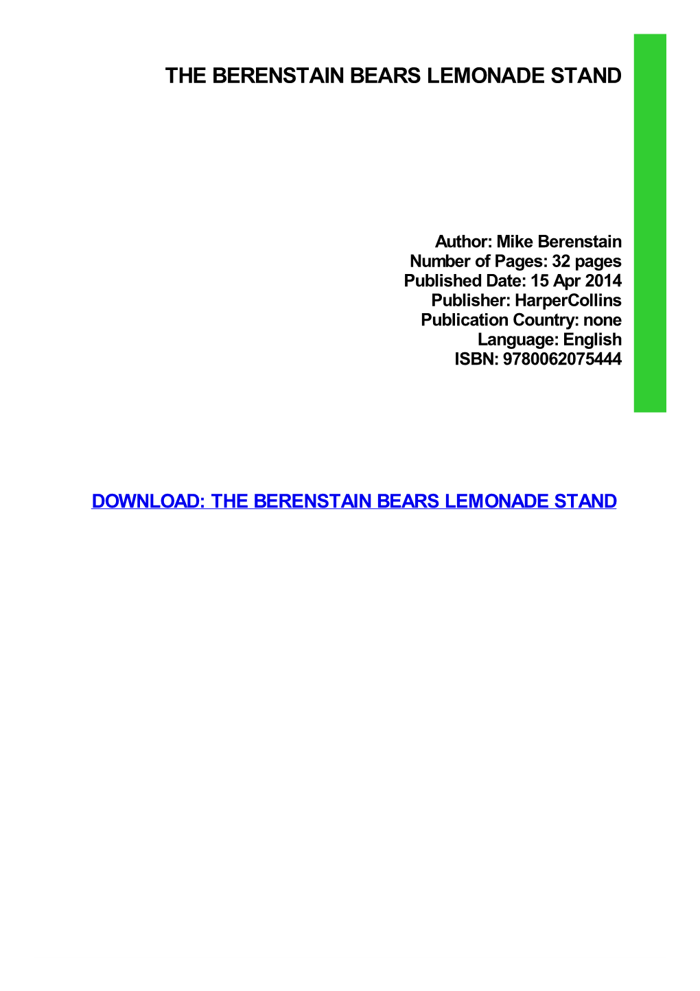 Read Book the Berenstain Bears Lemonade Stand Ebook, Epub