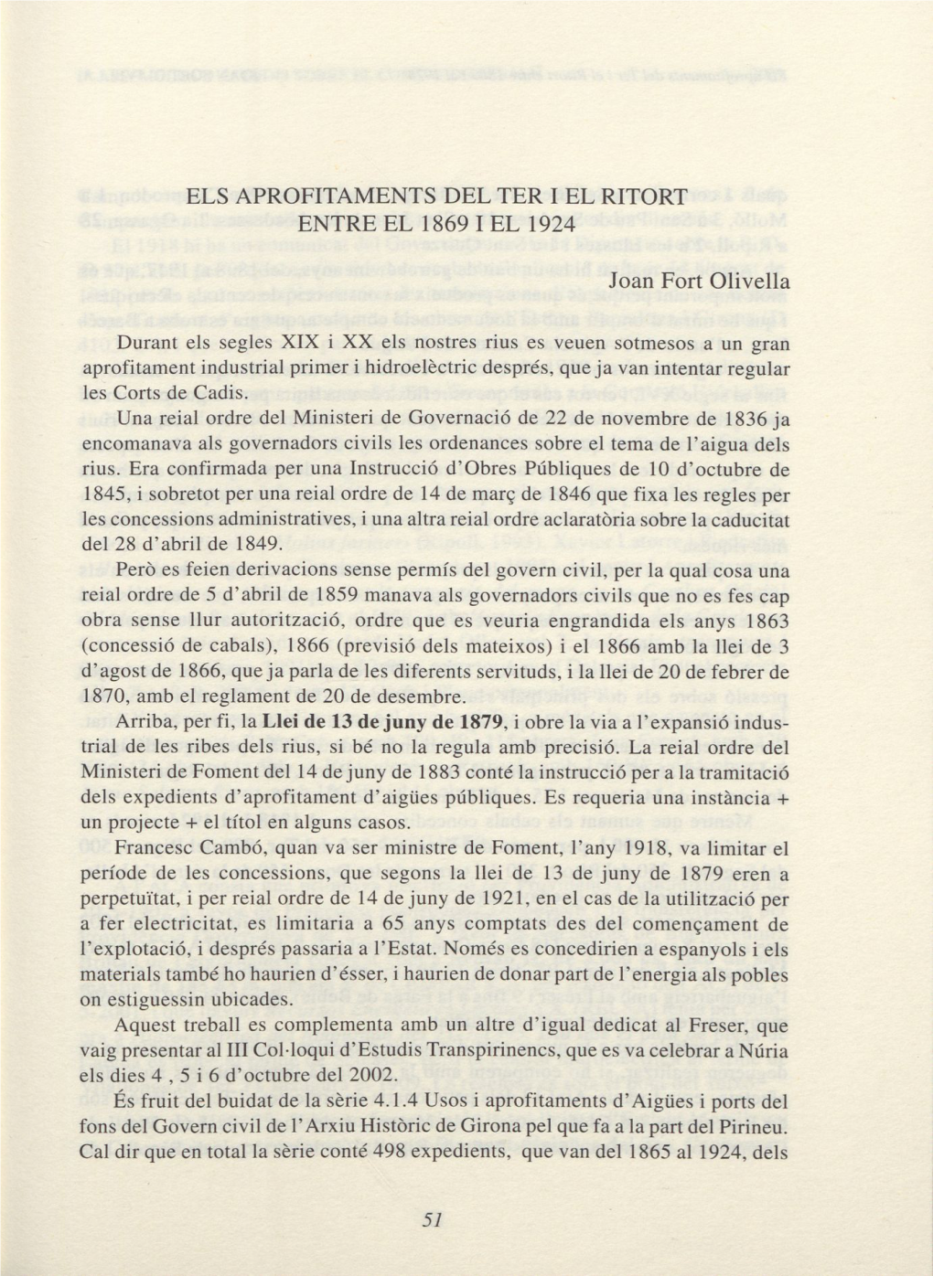 Els Aprofitaments Del Ter I El Ritort Entre El 1869 I El 1924