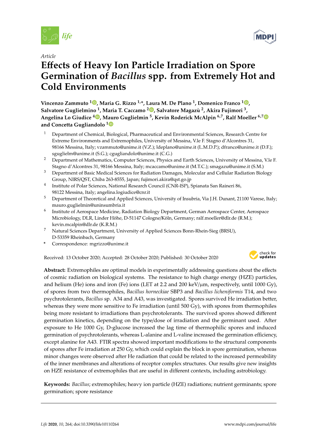 Effects of Heavy Ion Particle Irradiation on Spore Germination of Bacillus