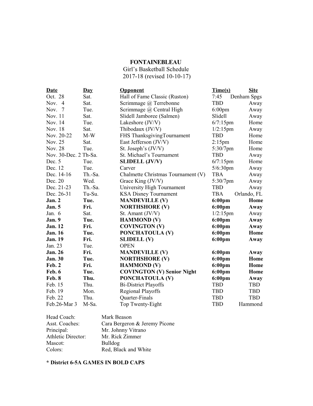 Date Day Opponent Time(S) Site