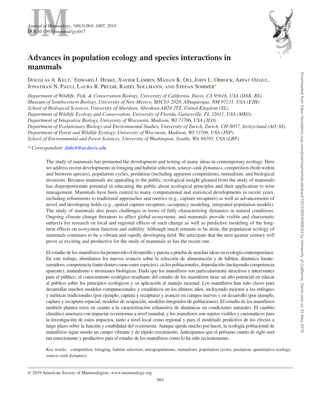 Advances in Population Ecology and Species Interactions in Mammals