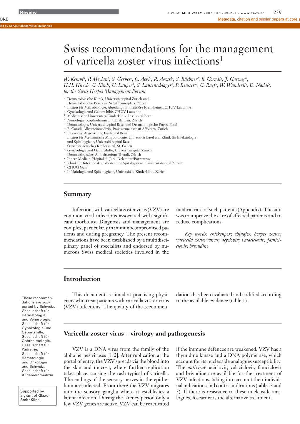 Swiss Recommendations for the Management of Varicella Zoster Virus Infections1