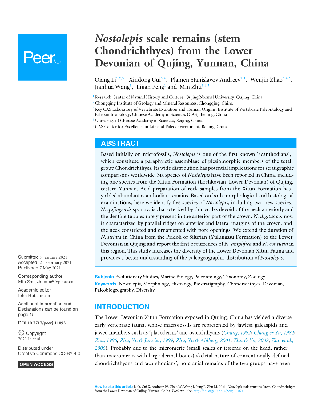 Nostolepis Scale Remains (Stem Chondrichthyes) from the Lower Devonian of Qujing, Yunnan, China