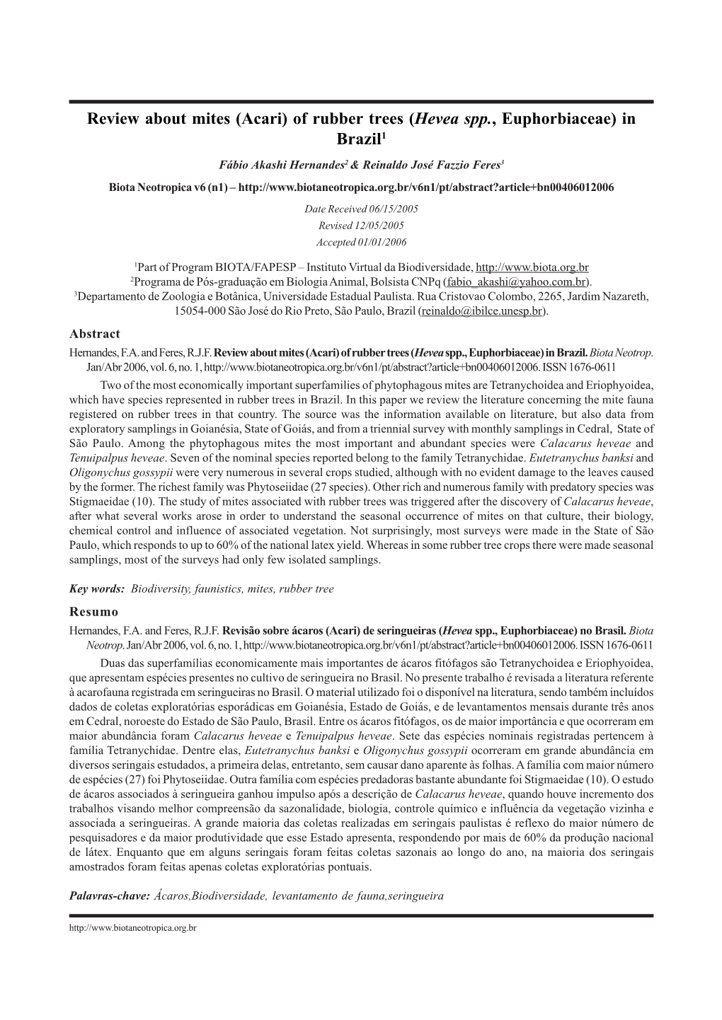 (Acari) of Rubber Trees (Hevea Spp., Euphorbiaceae) in Brazil1