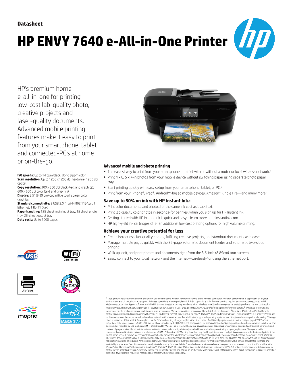 HP ENVY 7640 E-All-In-One Printer Datasheet