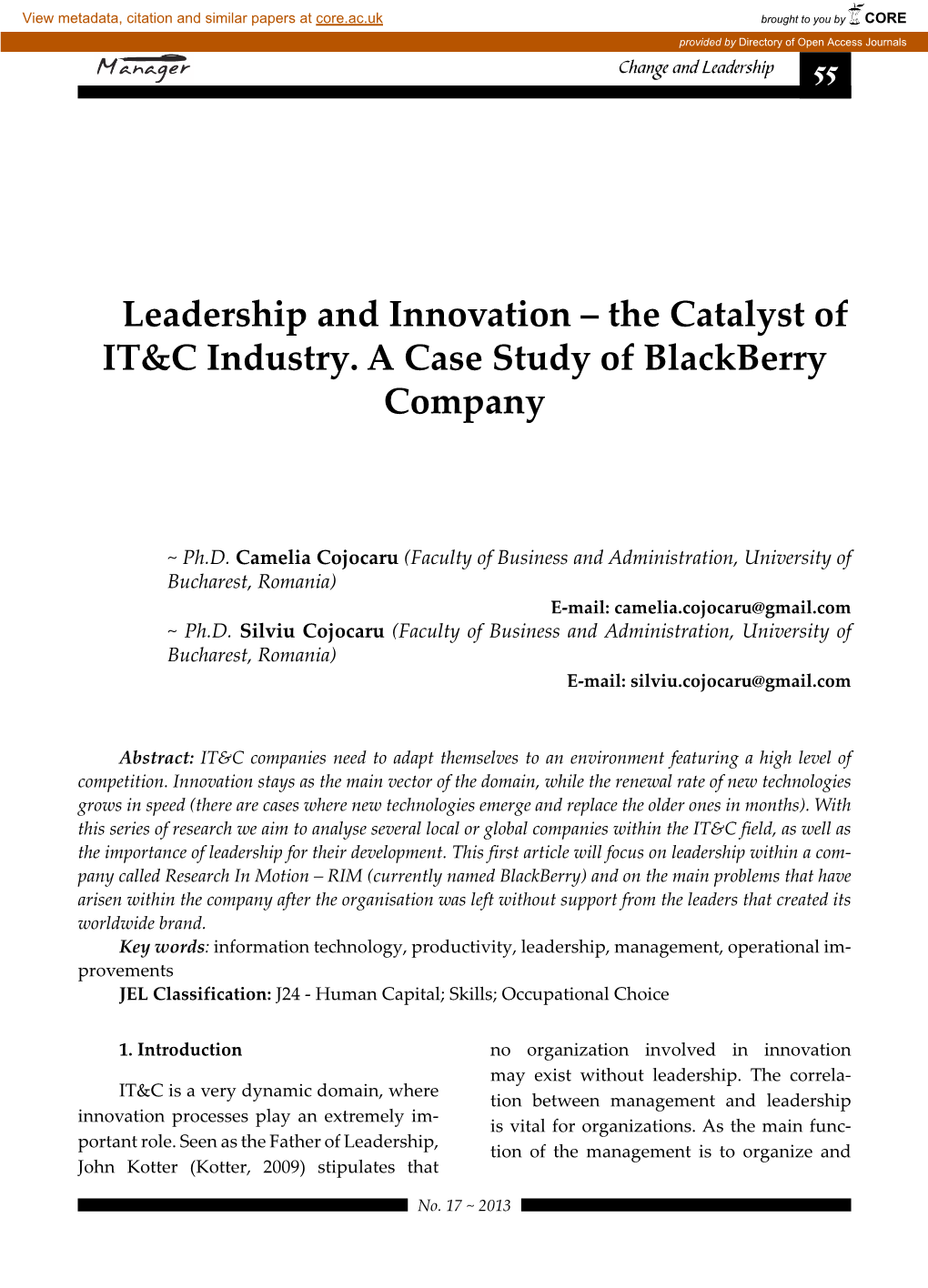 The Catalyst of It&C Industry. a Case Study of Blackberry Company