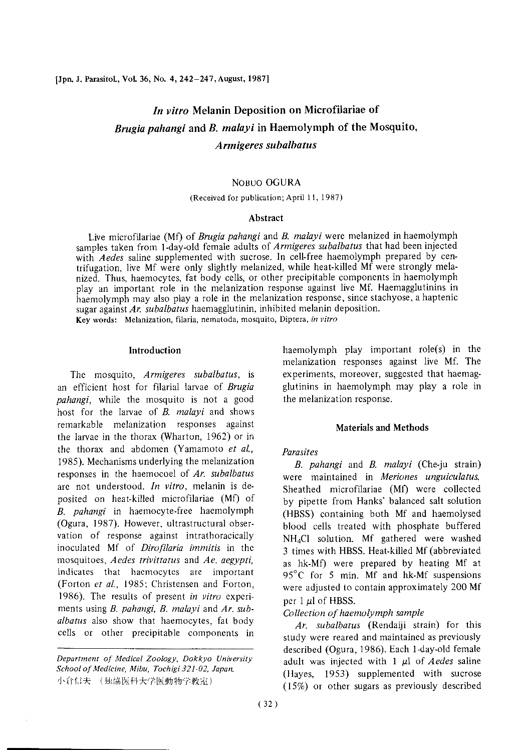 In Vitro Melanin Deposition on Microfilariae of Brugia Pahangi and B