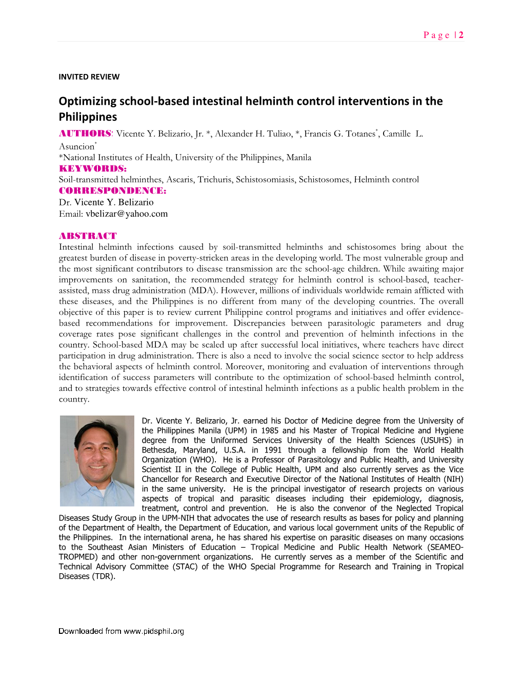 Optimizing School-Based Intestinal Helminth Control Interventions in the Philippines AUTHORS : Vicente Y