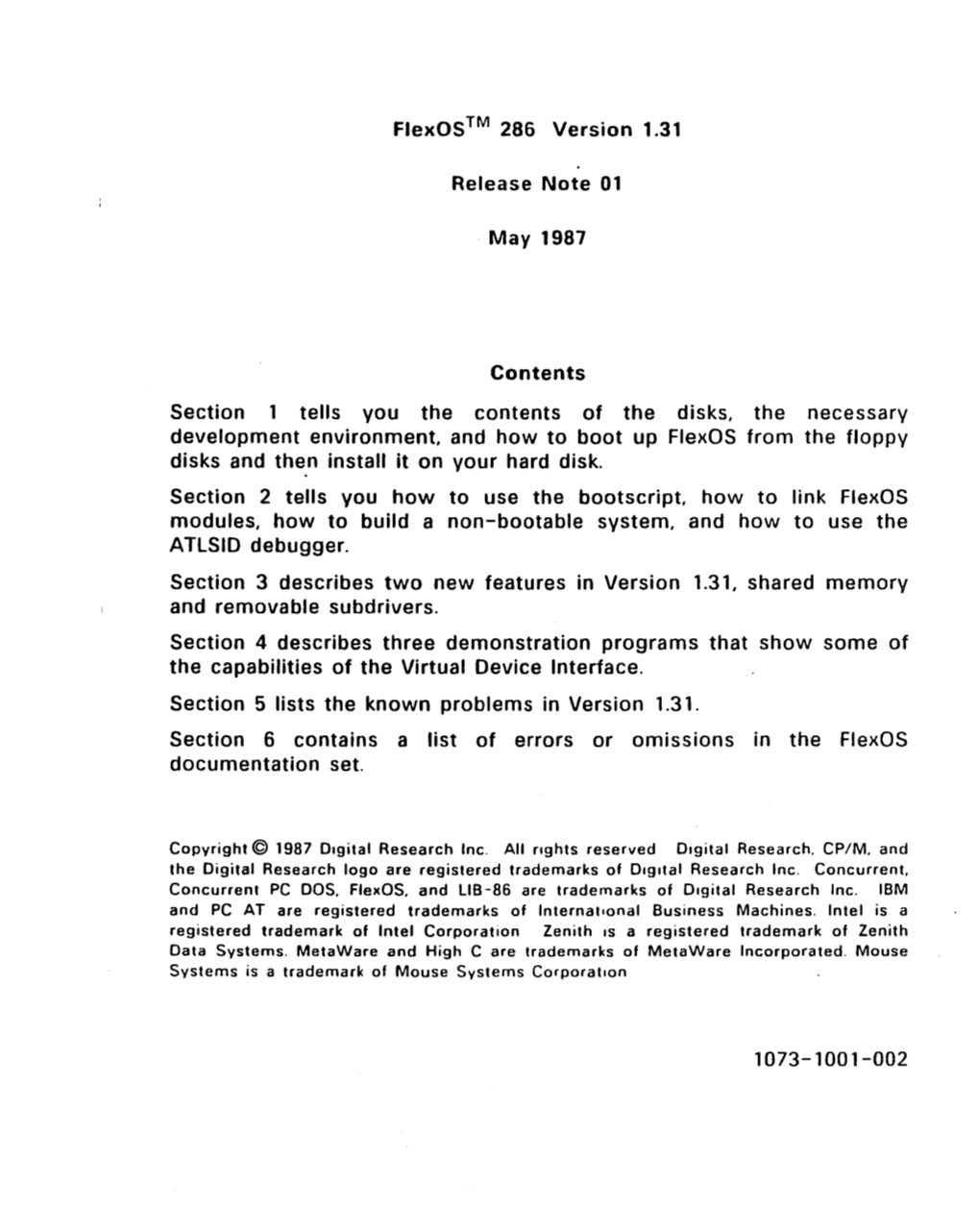 Flexos ™ 286 Version 1.31 Release Note 01 May 1987 Contents