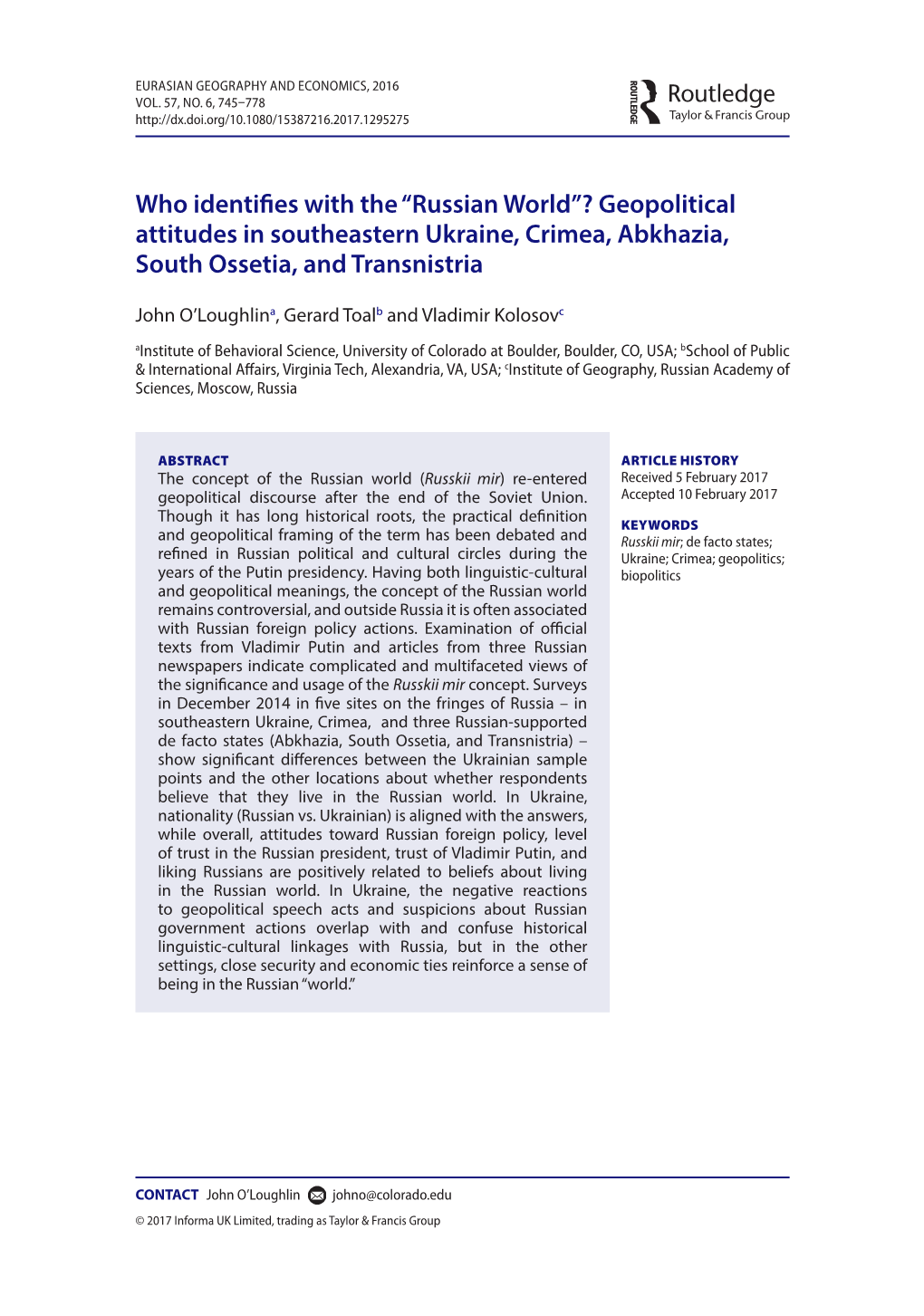 “Russian World”? Geopolitical Attitudes in Southeastern Ukraine, Crimea, Abkhazia, South Ossetia, and Transnistria