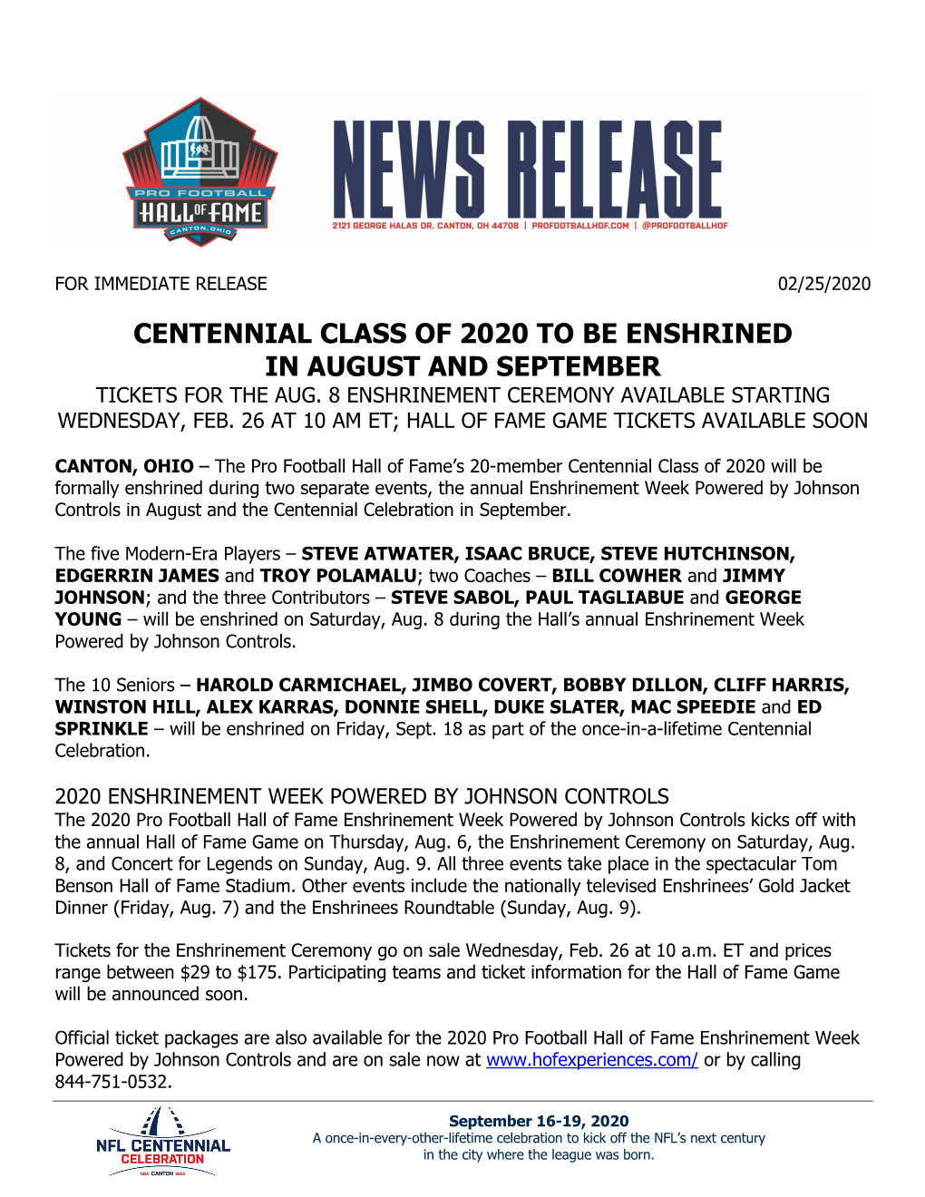 Centennial Class of 2020 to Be Enshrined in August and September Tickets for the Aug