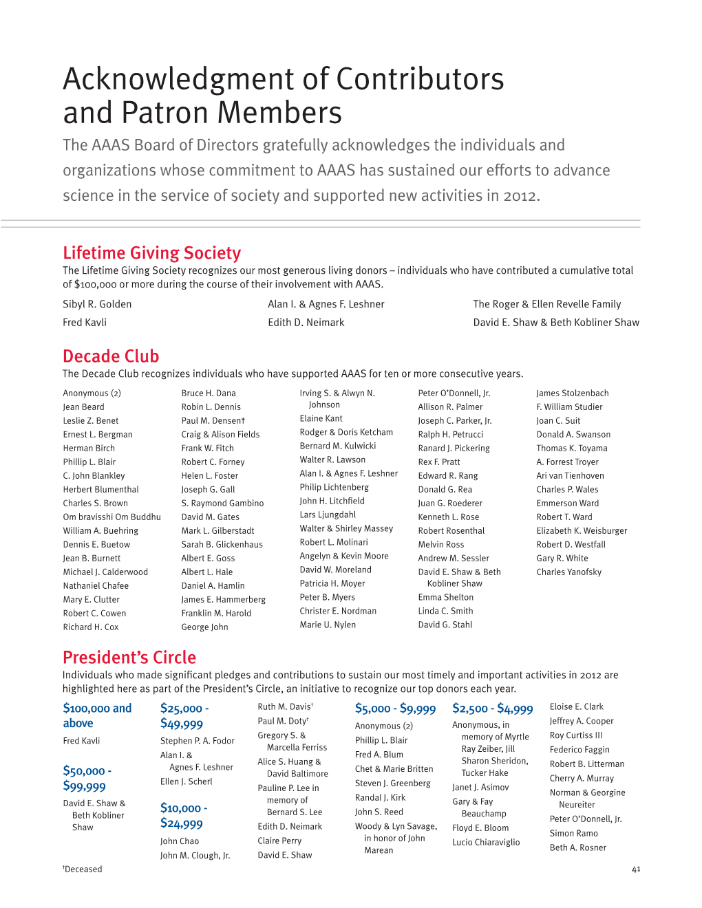 Acknowledgment of Contributors and Patron Members