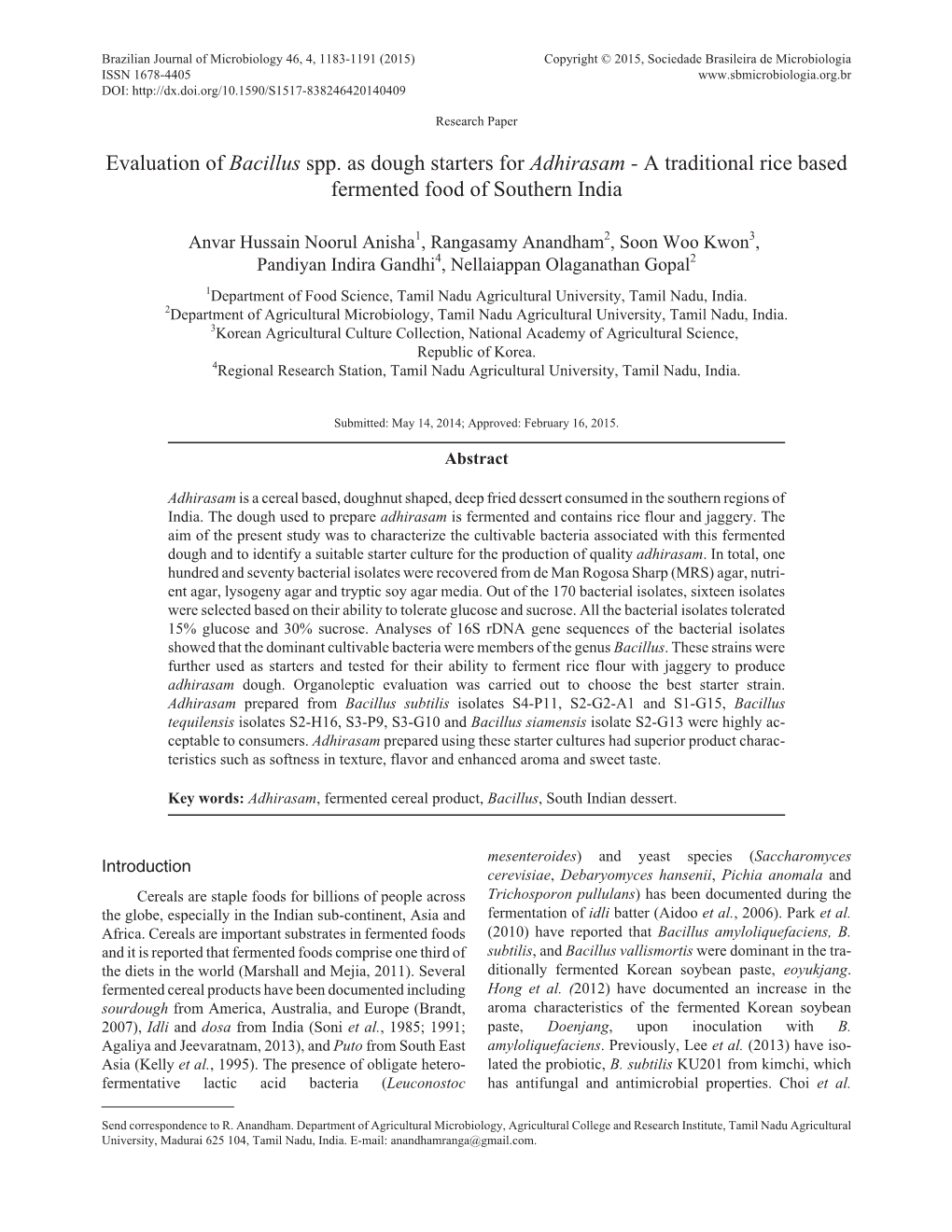 Evaluation of Bacillus Spp. As Dough Starters for Adhirasam-A Traditional