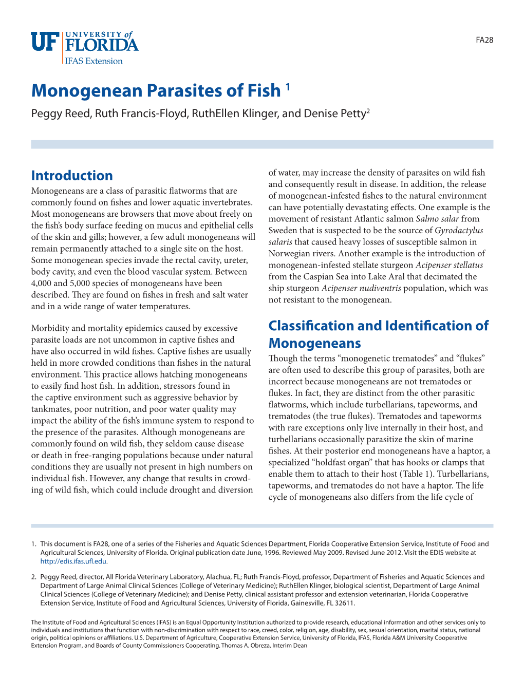 Monogenean Parasites of Fish 1 Peggy Reed, Ruth Francis-Floyd, Ruthellen Klinger, and Denise Petty2