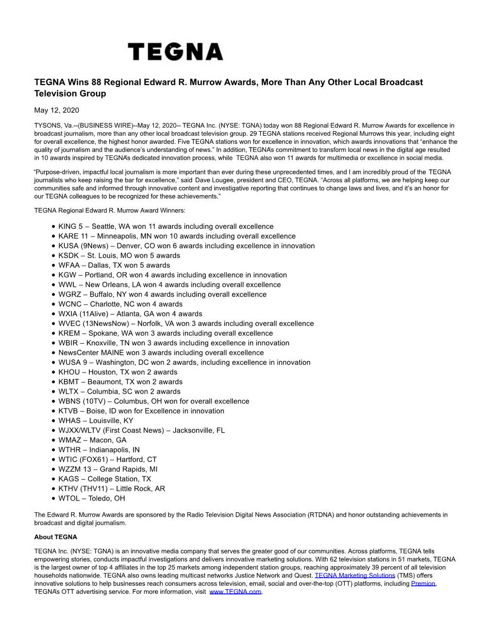 TEGNA Wins 88 Regional Edward R. Murrow Awards, More Than Any Other Local Broadcast Television Group