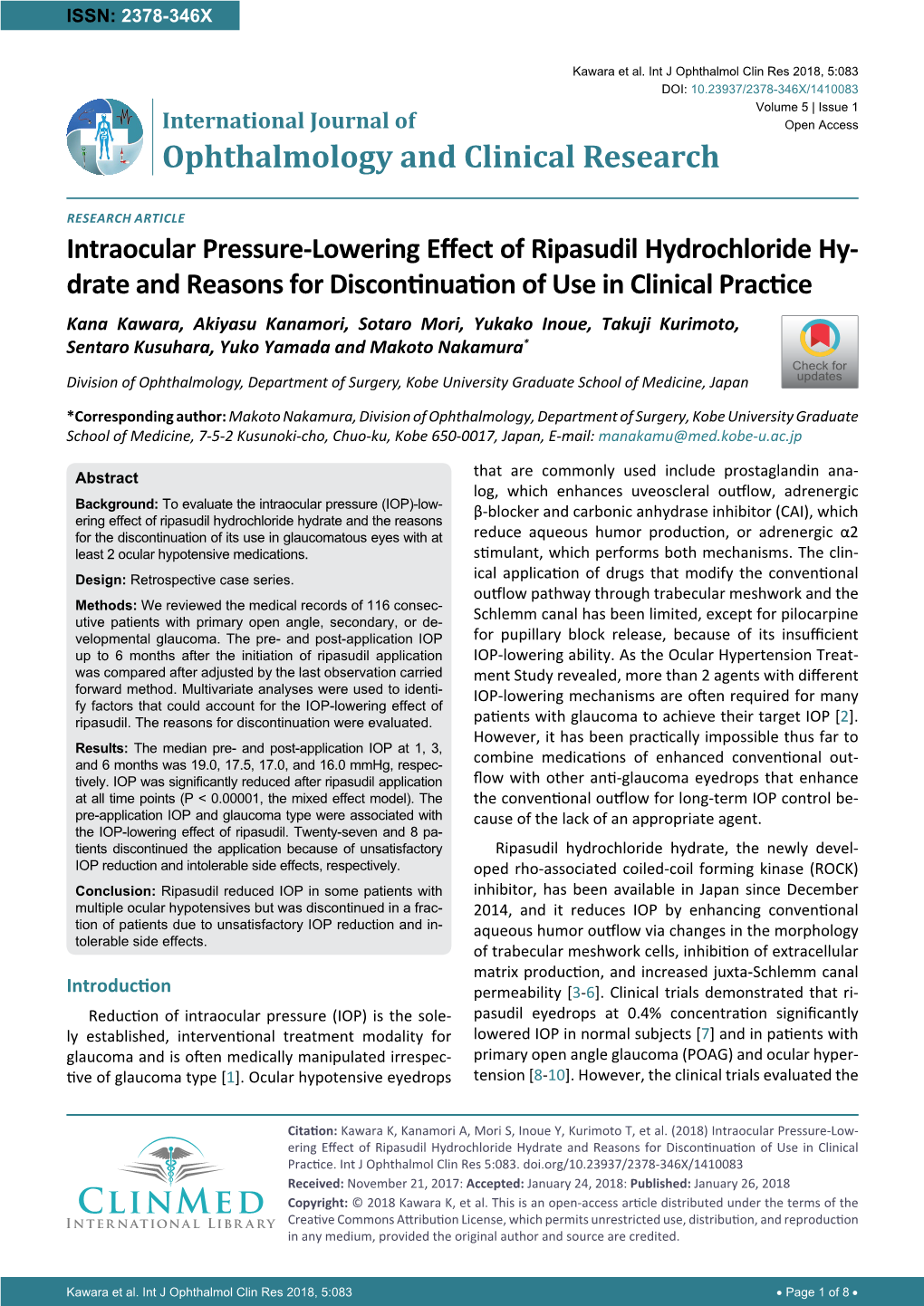 Intraocular Pressure-Lowering Effect of Ripasudil Hydrochloride Hydrate