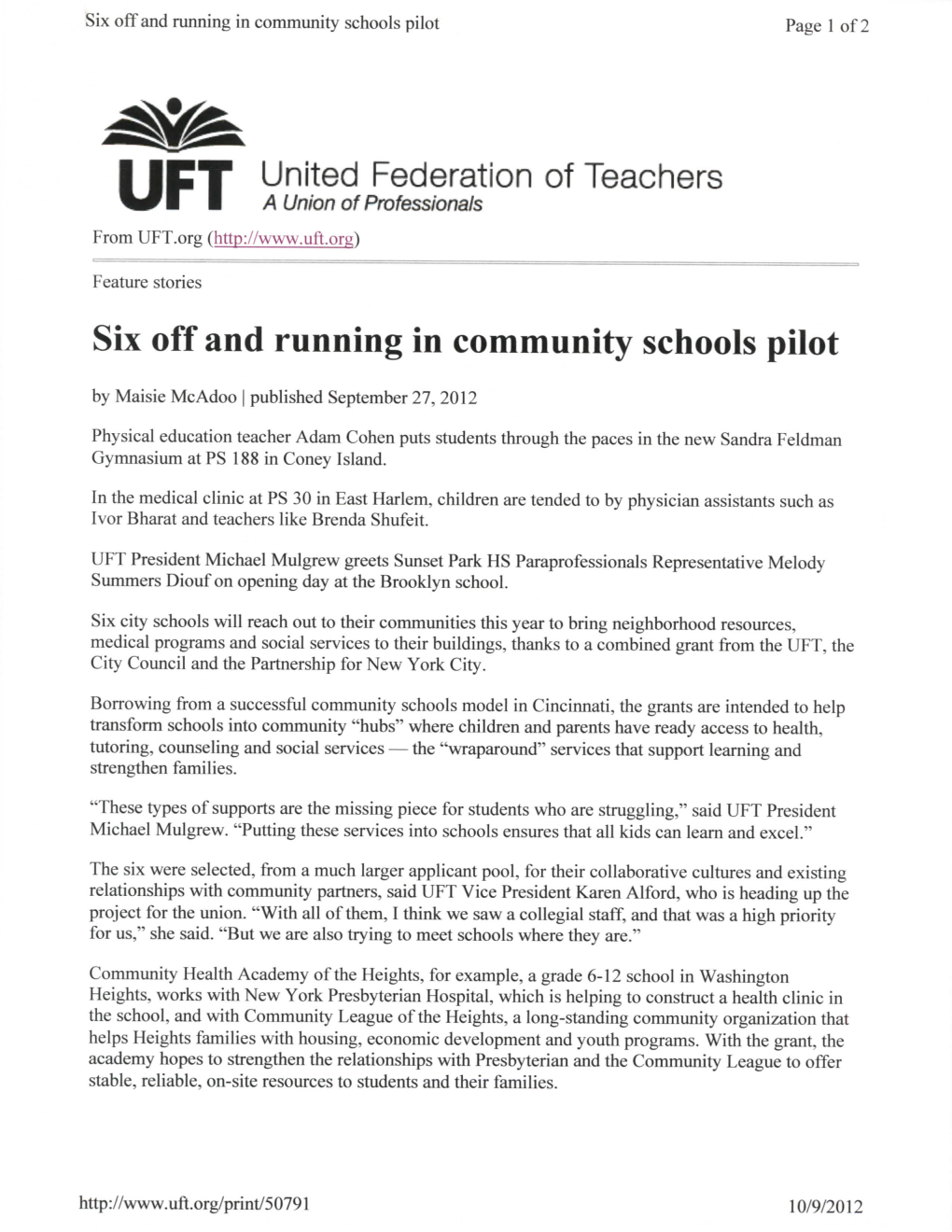 Six Off and Running in Community Schools Pilot Page 1 of 2