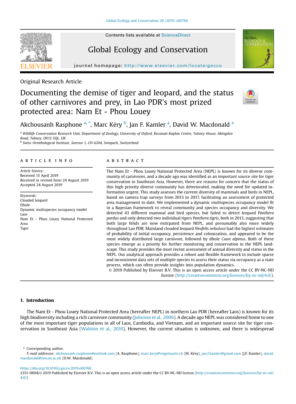 Documenting the Demise of Tiger and Leopard, and the Status of Other Carnivores and Prey, in Lao PDR's Most Prized Protected Area: Nam Et - Phou Louey