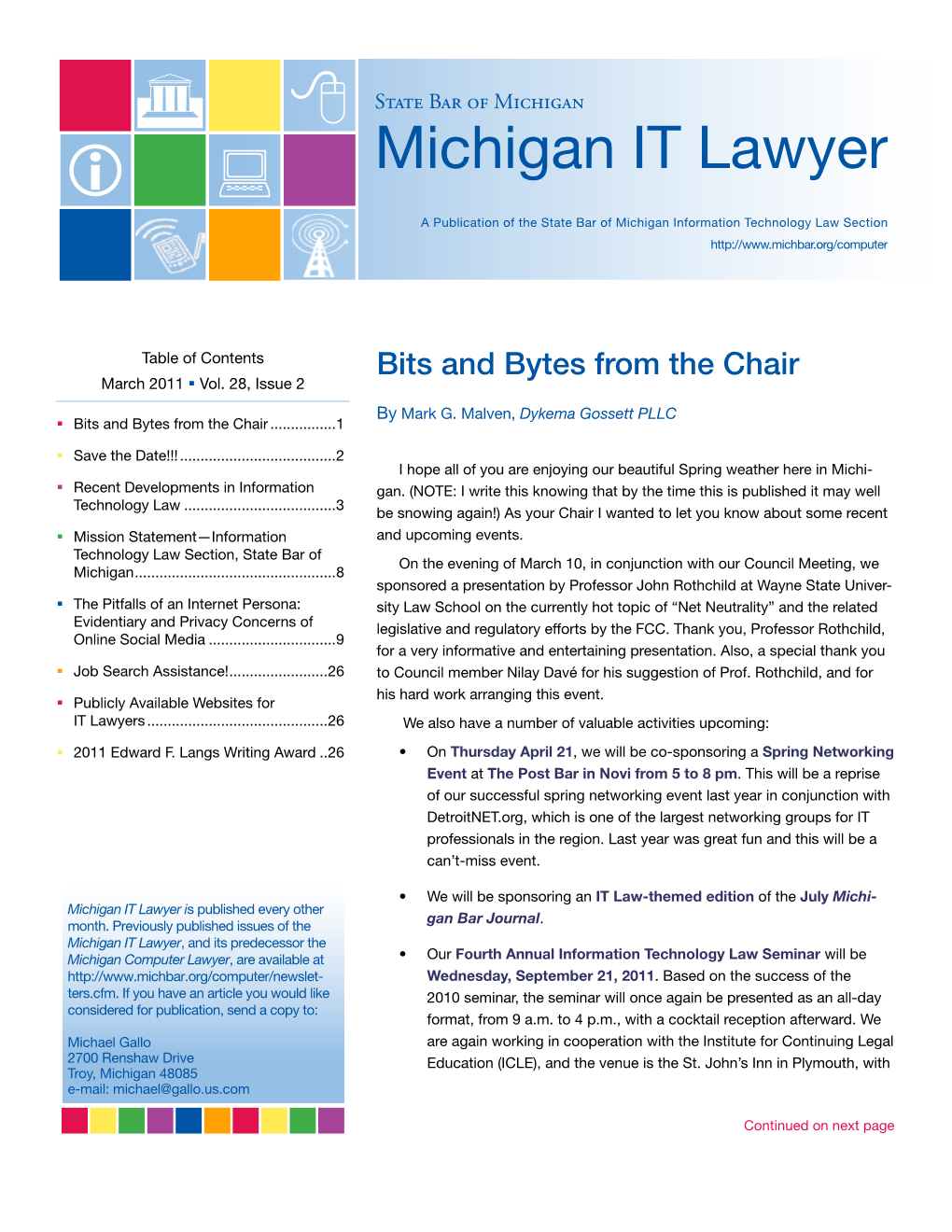 Michigan IT Lawyer a Publication of the State Bar of Michigan Information Technology Law Section