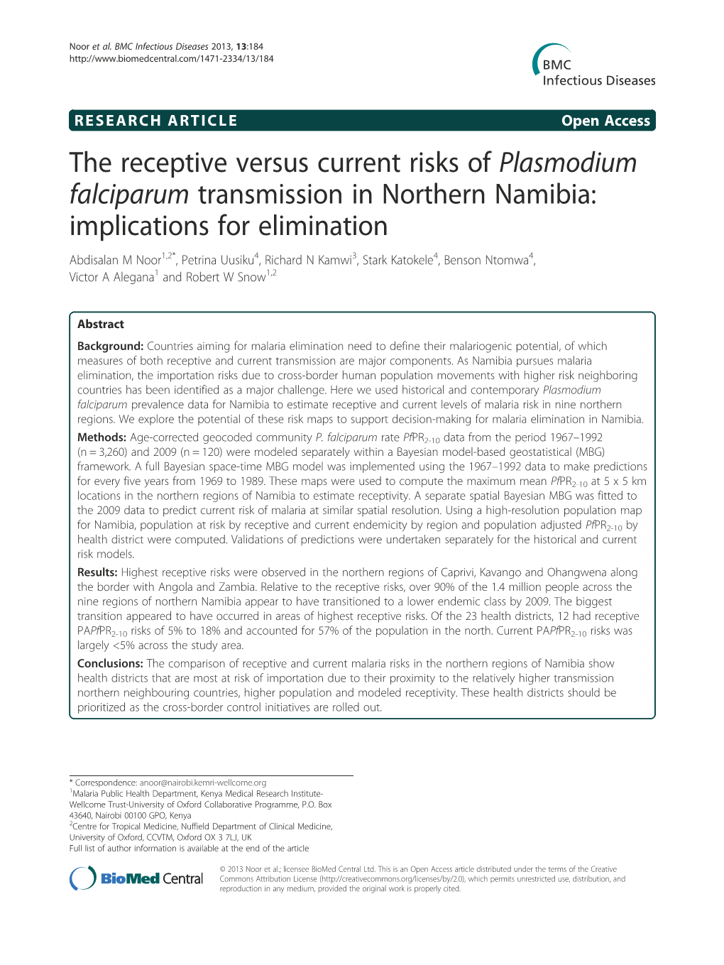 The Receptive Versus Current Risks of Plasmodium Falciparum Transmission in Northern Namibia