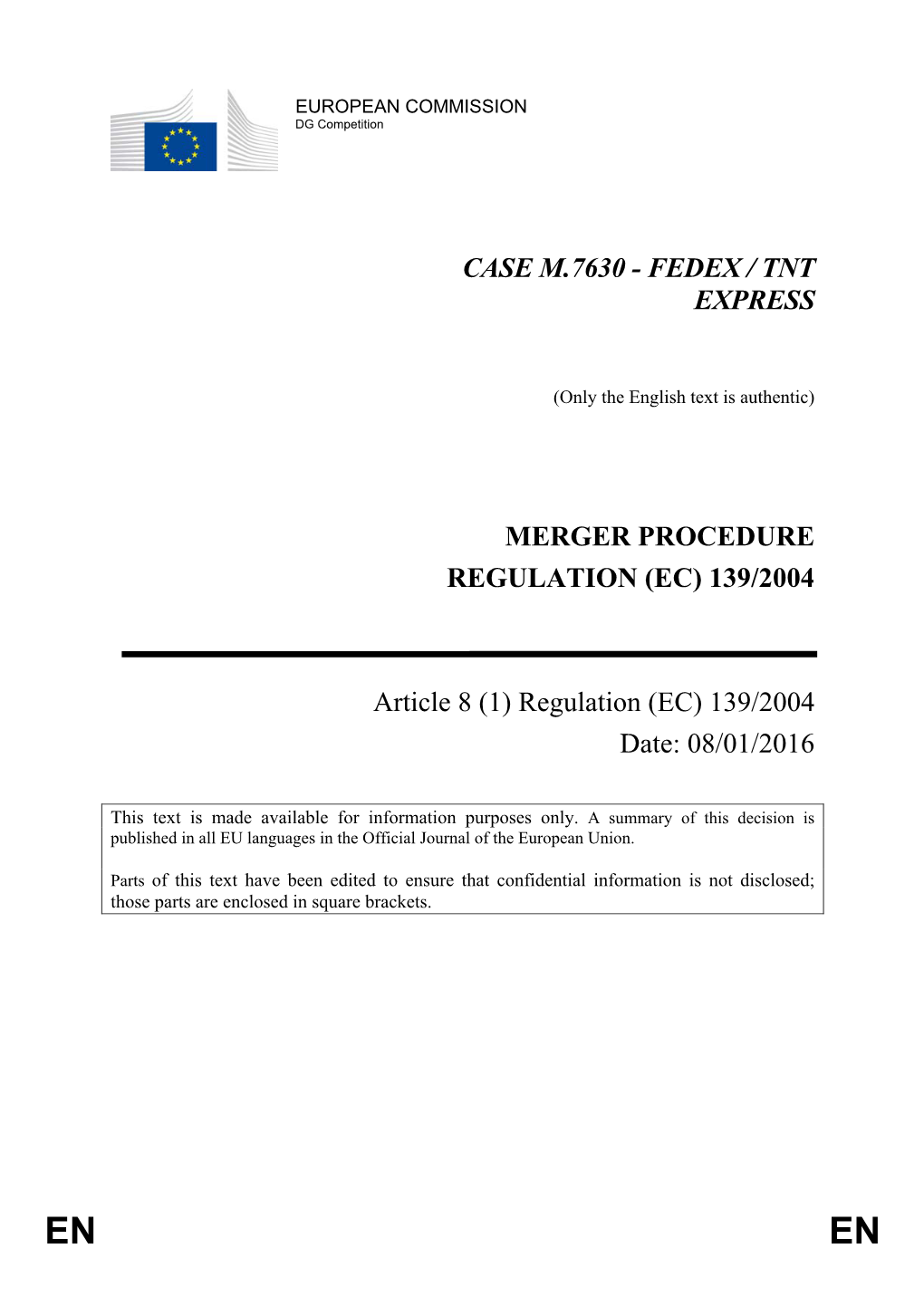 Case M.7630 - Fedex / Tnt Express