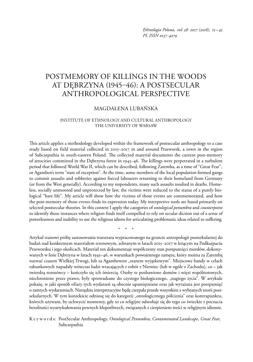 Postmemory of Killings in the Woods at Dębrzyna (1945–46): a Postsecular Anthropological Perspective