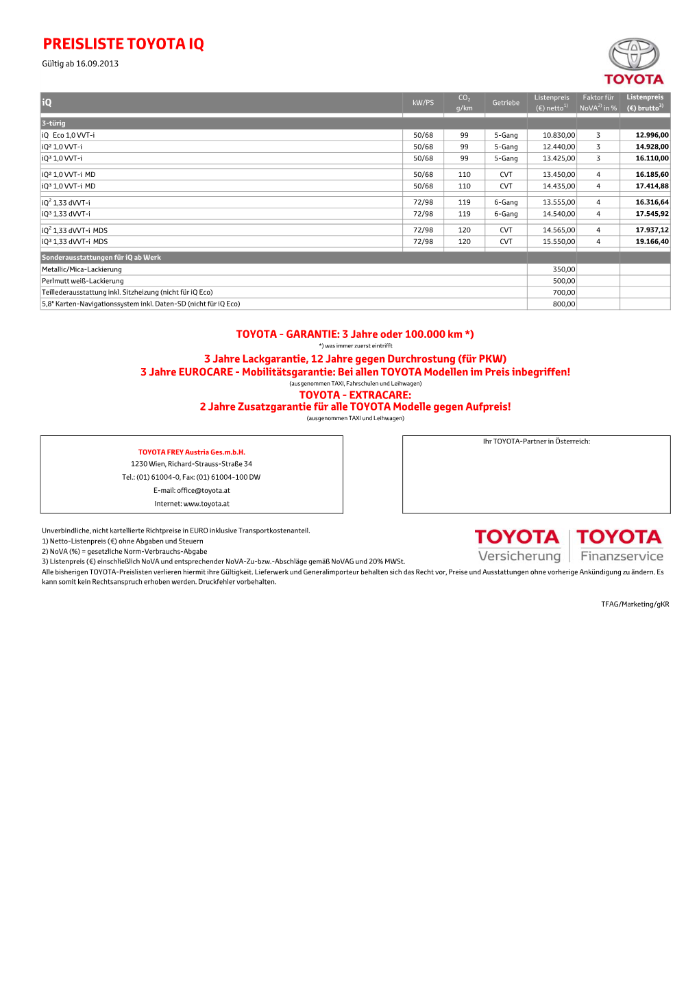 PREISLISTE TOYOTA IQ Gültig Ab 16.09.2013