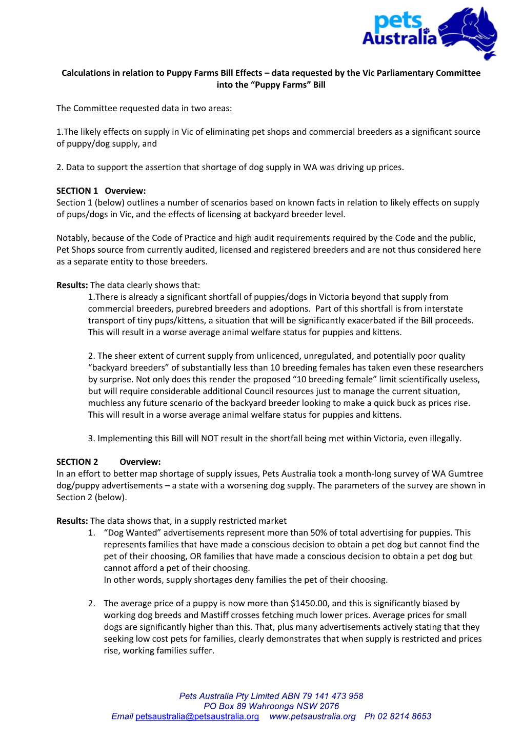 Calculations in Relation to Puppy Farms Bill Effects – Data Requested by the Vic Parliamentary Committee Into the “Puppy Farms” Bill