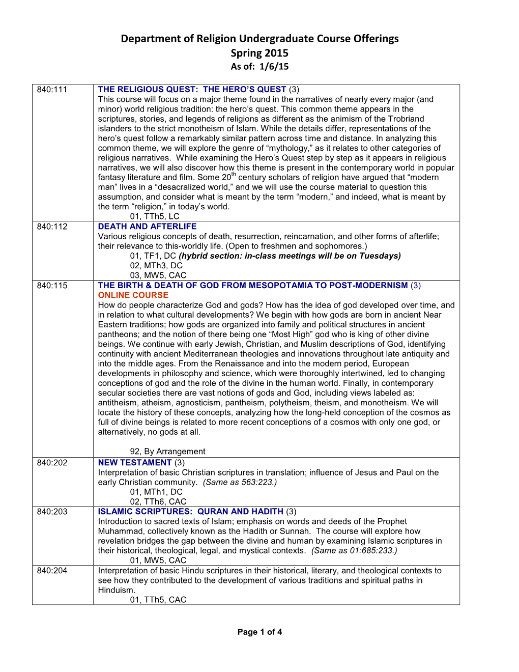 Department of Religion Undergraduate Course Offerings Spring 2015 As Of: 1/6/15