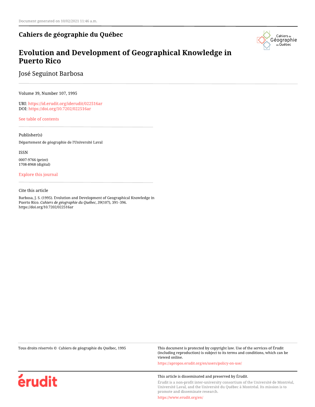 Evolution and Development of Geographical Knowledge in Puerto Rico José Seguinot Barbosa